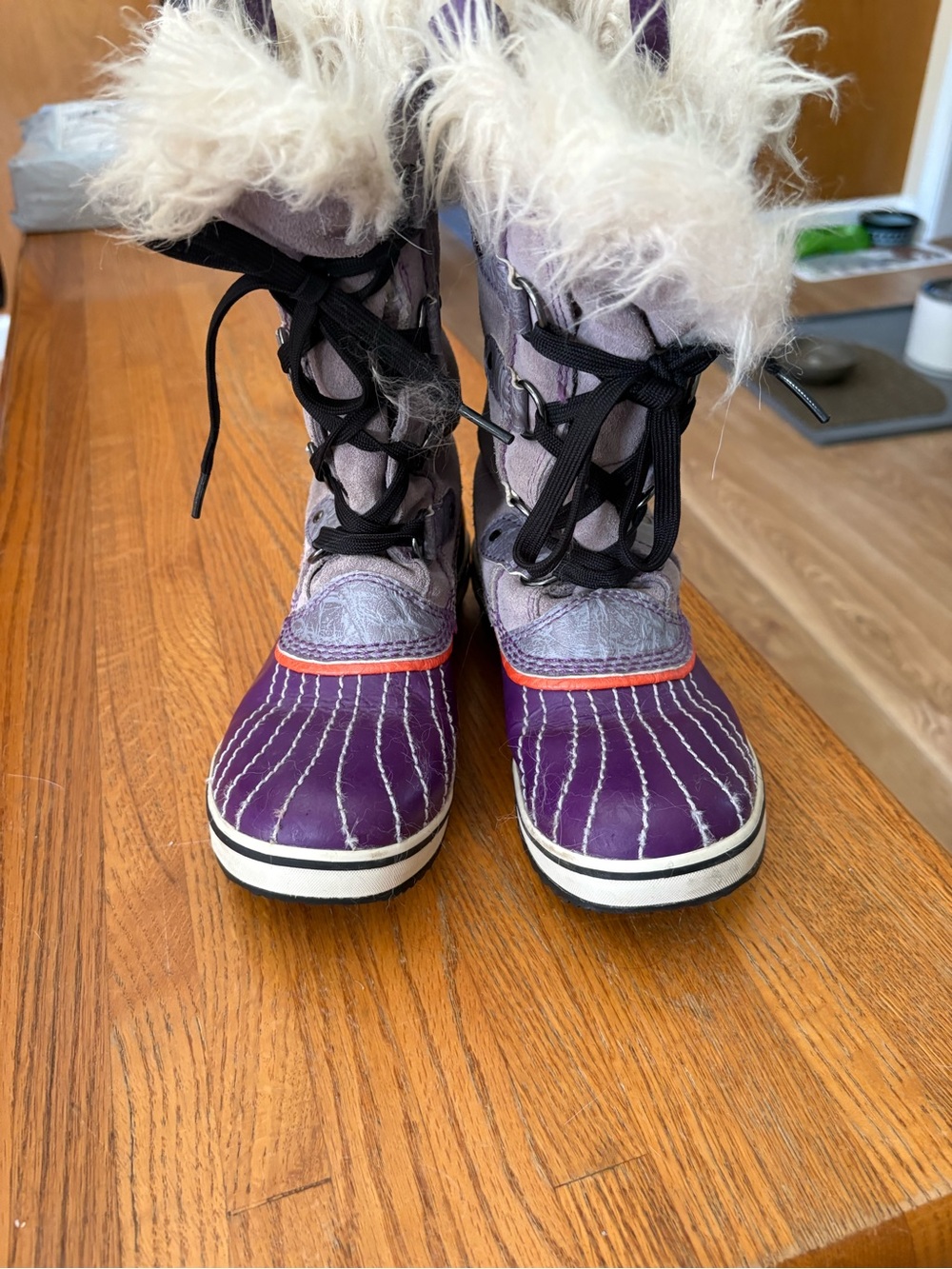 Sorel Purple and Gray Kids Winter Boots with Faux Fur Cuff